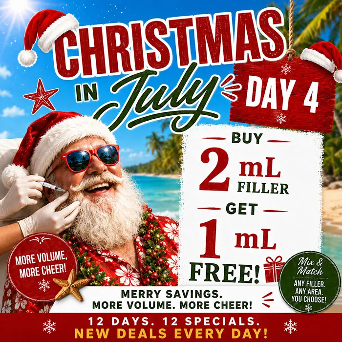 Day 4 is here: Buy 2 mL of filler and get 1 mL free. No code needed—tap to request your appointment.