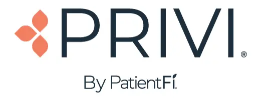 The image shows the logo of "PRIVI By PatientFi." The logo features the word "PRIVI" in large, dark blue letters with a small stylized flower icon in orange on the left side. Below "PRIVI," the text "By PatientFi." is written in a smaller font, also in dark blue.