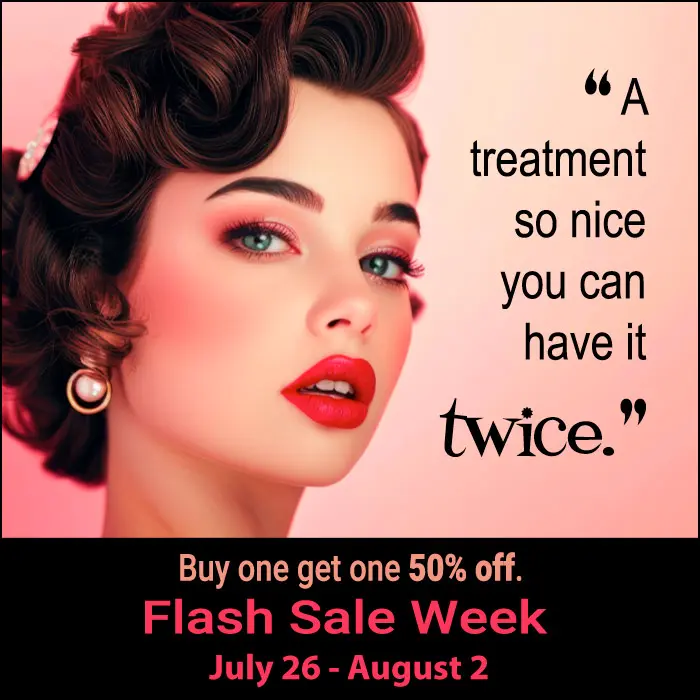 Woman with bold makeup and a stylish hairdo promoting a flash sale. Text on the image says, 