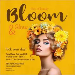 A glamorous woman with golden curls adorned with vibrant yellow and orange flowers, set against a warm golden background. The text promotes the "Day of Beauty - Bloom & Glow" event, featuring virtual days from February 24-28 and an in-office event on March 1.