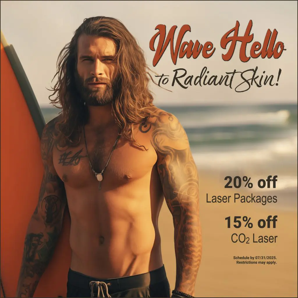 Shirtless surfer with tattoos holding a surfboard on the beach promoting 20% off laser packages and 15% off CO2 laser treatments.