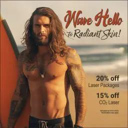 Shirtless surfer with tattoos holding a surfboard on the beach promoting 20% off laser packages and 15% off CO2 laser treatments.