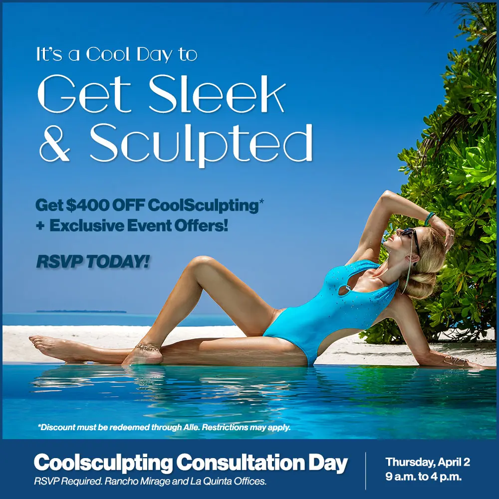 Woman relaxing poolside in a turquoise swimsuit on a sunny day promoting CoolSculpting Consultation Day at Contour Dermatology, April 2, Rancho Mirage and La Quinta.