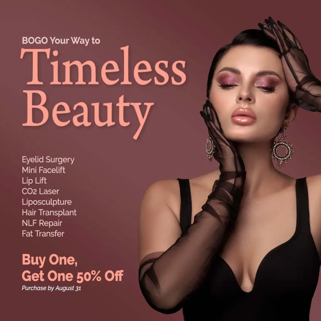 Elegant woman in black dress and sheer gloves promoting Timeless Beauty cosmetic procedures with BOGO 50% off offer until August 31.