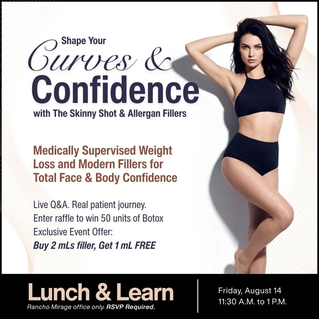Promotional poster with a woman in a black bikini; advertises medically supervised weight loss and fillers, plus a Lunch & Learn event.