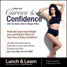 Join us for an exclusive Skinny Shot + Allergan Lunch & Learn at our Rancho Mirage office. | Contour Dermatology Promotional poster with a woman in a black bikini; advertises medically supervised weight loss and fillers, plus a Lunch & Learn event.