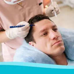 How Does Hair Transplantation Work for Restoring Hair Loss? | Contour Dermatology Man lying back as a clinician performs an eyebrow procedure with a gloved hand and a precision tool near his brow.