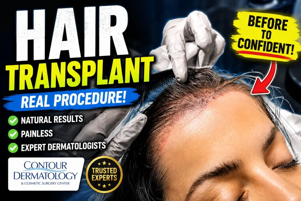 Watch a real hair transplant procedure performed inside a dermatology office as the Contour Dermatology team carefully works along the patient’s hairline.