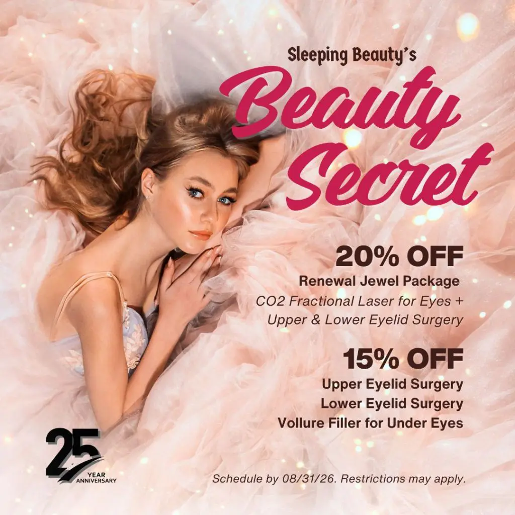 Promo poster for Sleeping Beauty's Beauty Secret: woman reclining on pink fabric with bold pink script 'Beauty Secret' and listed discounts (20% off Renewal Jewel Package, 15% off upper/lower eyelid surgery).