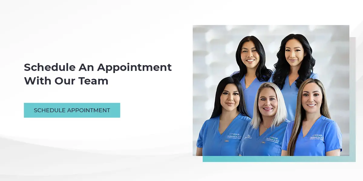 Group of five healthcare professionals in blue scrubs posing as a team photo beside the headline 'Schedule An Appointment With Our Team'.