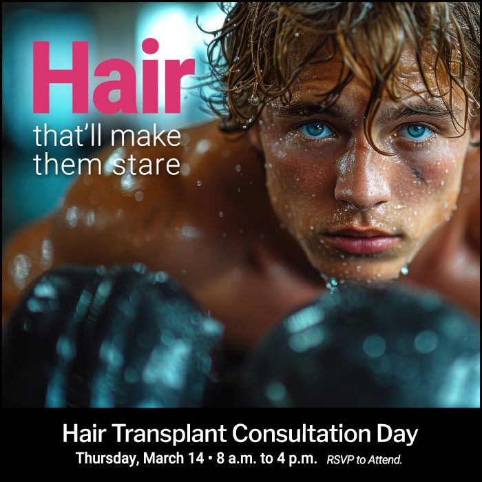 We have designated Thursday, March 14 as Hair Transplant Consultation Day and invite you to come ask your questions and get an estimate on how many grafts you will need to achieve the results you would like.