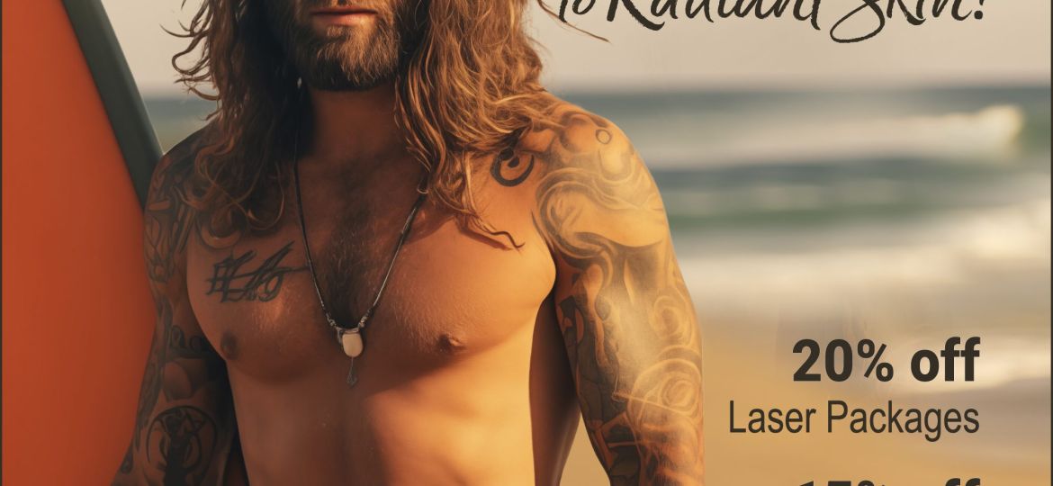 Shirtless surfer with tattoos holding a surfboard on the beach promoting 20% off laser packages and 15% off CO2 laser treatments.