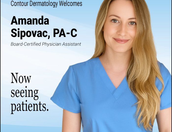 Amanda Sipovac, PA-C, Board-Certified Physician Assistant at Contour Dermatology, smiling in blue scrubs with text “Now seeing patients.”