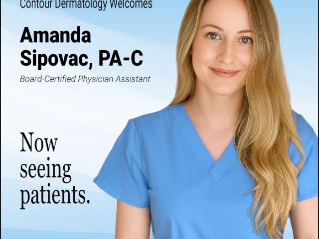 Amanda Sipovac, PA-C, Board-Certified Physician Assistant at Contour Dermatology, smiling in blue scrubs with text “Now seeing patients.”