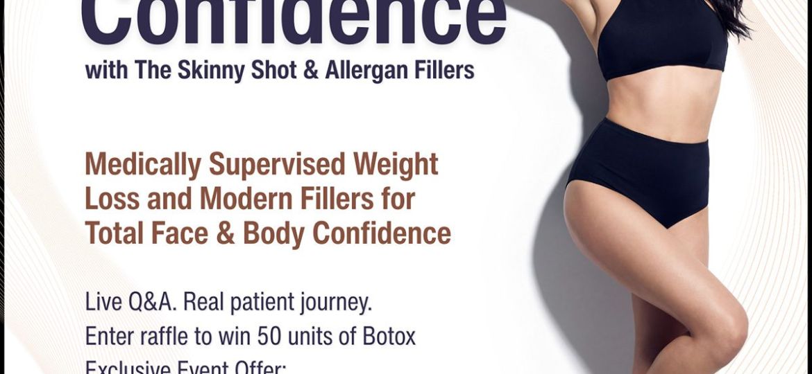 Promotional poster with a woman in a black bikini; advertises medically supervised weight loss and fillers, plus a Lunch & Learn event.